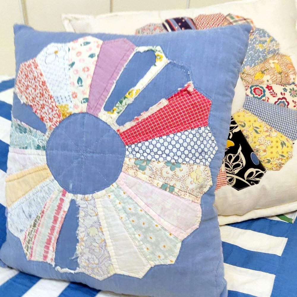 Vintage Handmade Patchwork Quilt Pillows 2 Dresden Plate Flower Old Fabric 1930s